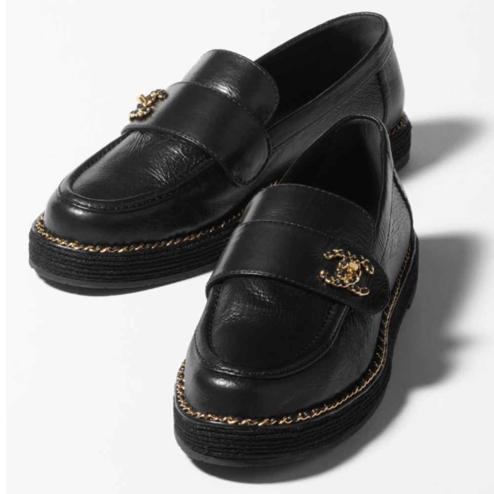 CHANEL Black Loafers with Gold Accents
